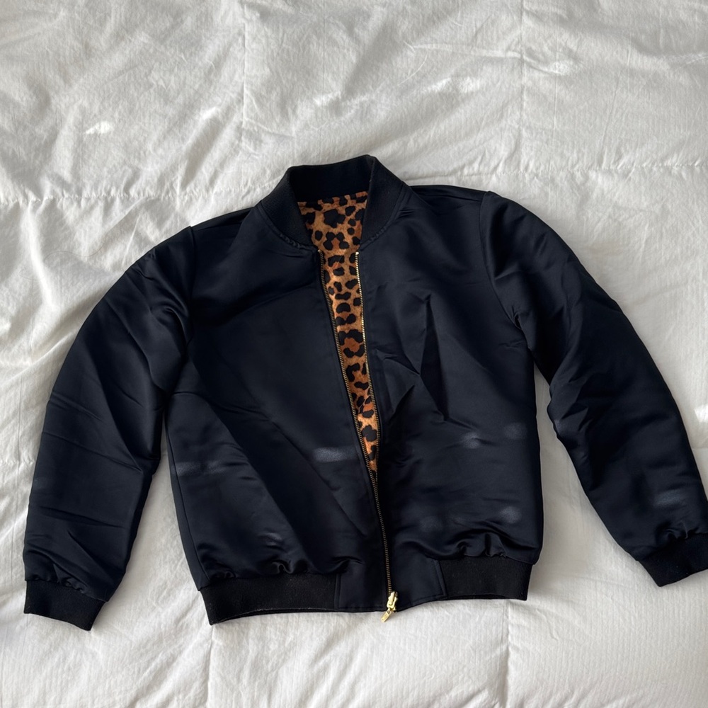 Black Bomber Jacket with Leopard Print Lining - Reversible!